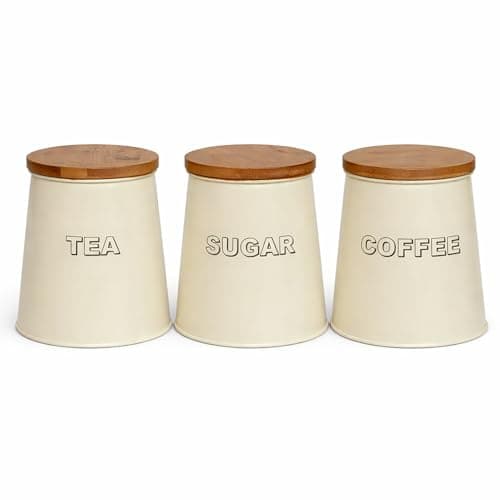 Image of simpa 3PC Tea, Sugar & Coffee Set – Antique Cream Conical Shaped Metal Kitchen Storage Storage Jar Canisters