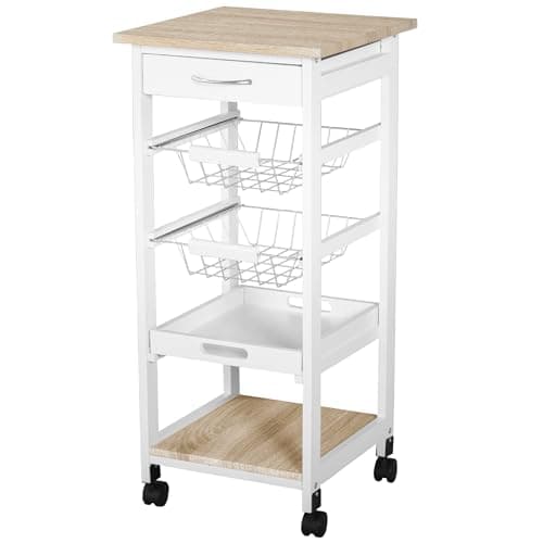 Image of HOMCOM Mobile Rolling Kitchen Island Trolley for Home w/Metal Baskets Trays Shelves Wheels Compact Stylish Storage White