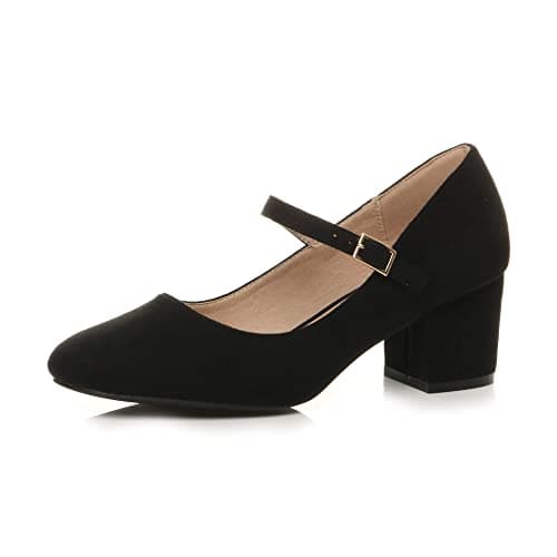Image of AJVANI Womens Ladies mid Block Heel Strap Work Evening Party Mary Jane Court Shoes Size 3 36 Black Suede