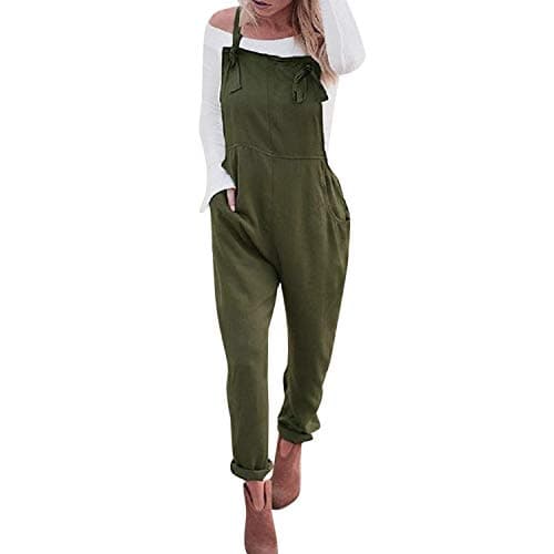 Image of StarTreene Womens Loose Casual Overall Baggy Sleeveless Long Jumpsuit Playsuit Retro Trousers Pants Dungarees Plus Size (Army Green, UK 12-14)