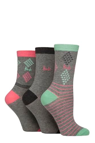 Image of Pringle Ladies Patterned Cotton and Recycled Polyester Socks Pack of 3 (UK, Numeric, 4, 8, Regular, Regular, Light Grey Diamond/Stripe)