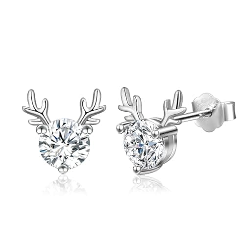 Image of Candyfancy S925 Sterling Silver Xmas Reindeer Antlers Deer Faceted Cubic Zirconia Stud Earrings Silver Stud Earrings for Women Christmas Gifts