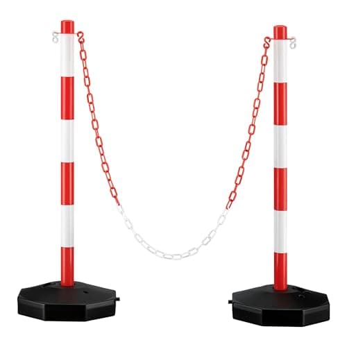 Image of Wiltec Chain Posts 80 x 28 x 28 cm in Red and White with 1.4 m Chain, 4 Sturdy S Hooks and Fillable Base for Added Stability,Ideal as Bollards for Car Parks