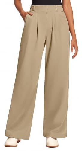 Image of Oyamiki Palazzo Pants for Women Casual Comfy Wide Leg Elasticated Waist Trousers Elegant Pleated Front with Pockets Khaki Trousers L