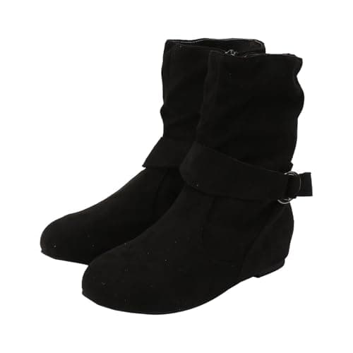 Image of Ankle Boots for Women UK Wide Fit Mid Calf Boots Fashion Slouchy Ruched Suede Round Toe Slip On Flats Ankle Booties Casual Winter