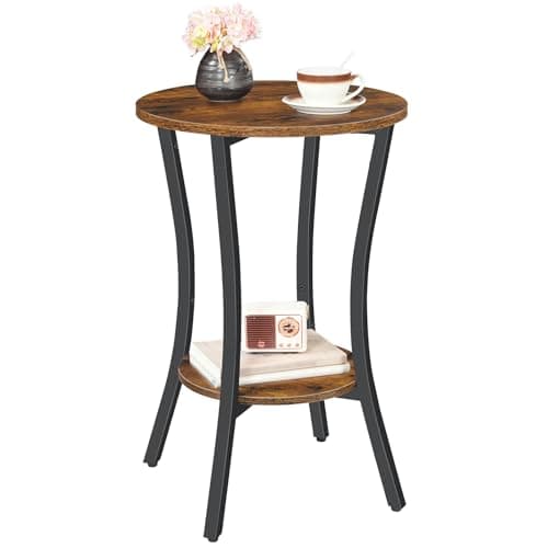 Image of HOOBRO Round Side Table, 2 Tier Small Bedside Table, Round Sofa Side Table with Storage Shelf, Small Tables Coffee Table Hallway for Living Room, Sturdy, Rustic Brown and Black EBF180BZ01G1