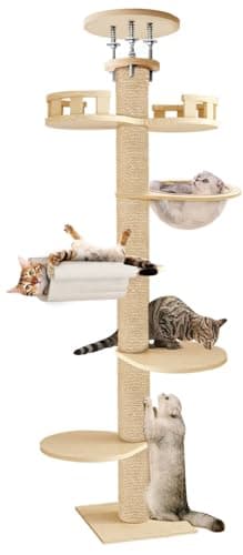 Image of Floor to Ceiling Cat Tree, 6 Level Adjustable Height (6-10ft) Cat Climbing Tower with Thickened Scratching Posts, Cats Activity Center with Cozy Hammock, Cat Tree Tower for Indoor Cats Kittens (Beige)