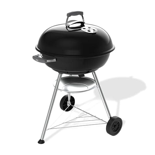 Image of Weber Compact Kettle Charcoal Barbecue 57 cm with Stand & Wheels/Classic BBQ, Rust-Resistant Porcelain-Enamelled Finish, Built-In Lid Thermometer, Ash Catcher, 2342 cm² Cooking Surface, Black