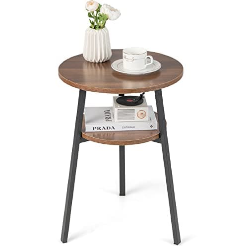 Image of COSTWAY Round Side Table, 2-Tier Industrial Sofa End Table Small Nightstand with Storage Shelf, Metal Frame Wooden Coffee Snack Tea Tables for Living Room, Bedroom and Office (1, Walnut)