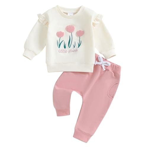 Image of Vioyavo Toddler Baby Girl 2 Pieces Outfit Fall Winter Tracksuit Floral Embroidered Sweatshirt Jumper Elastic Waist Joggers Pants Set (Pink, 3-6 Months)