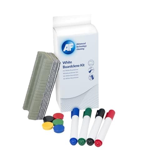 Image of AF Complete Whiteboard Cleaning Kit - 125ml White board Cleaning Spray Solution, Magnets, Peelable Eraser, Pens and Absorbent Cloths, Ideal starter kit for all home office, classroom labs etc (WBK000)