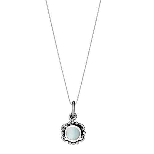 Image of 81stgeneration Sterling Silver Vintage-Style Filigree Frame Round Mother of Pearl Pendant Necklace for Women - Victorian-Inspired Floral Pendant With Ornate Scrollwork - Boho Jewellery