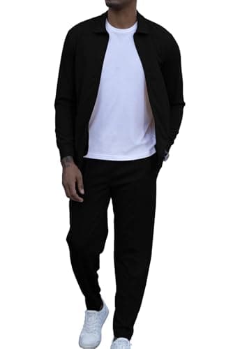 Image of KUYIGO Men's Tracksuits 2 Piece Outfits Long Sleeve Full-Zip Tracksuit Set Sweatshirt and Joggers Waffle Tops Bottoms Casual Pullover Sport Activewear Golf Jacket Suit M Black