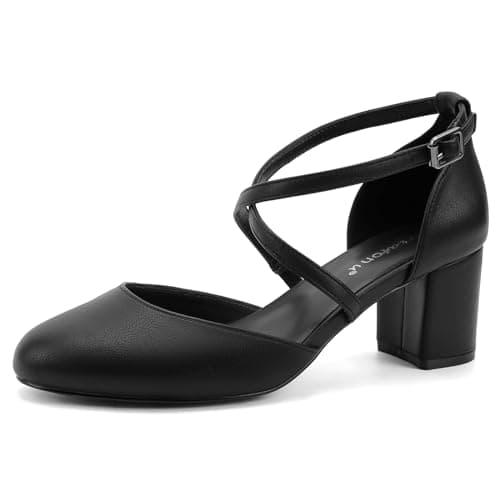 Image of Greatonu Womens Court Shoes Mid Heel Chunky Dress Sandals Ladies Ankle Strap Wedding Party Pumps Black Pu Size 5