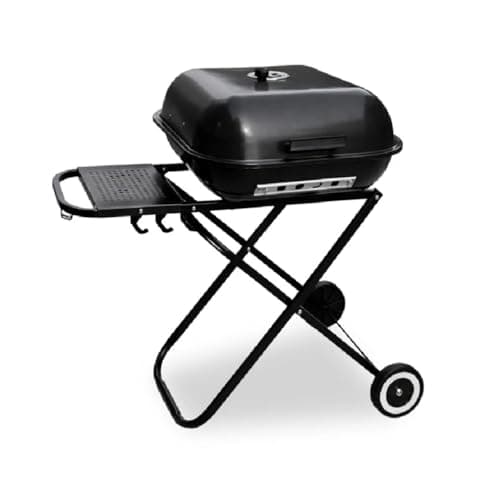 Image of BBQ Grill Patio Portable Charcoal Folding Kettle BBQ Grill with 3 Adjustable Heights Garden Camping Caravan Outdoor Foldable Barbecue With Cooking Tools & Wheels Stand Square on wheels