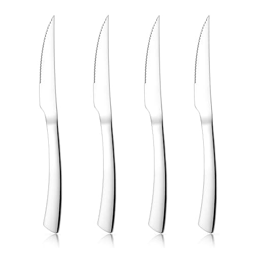 Image of Herogo Steak Knives Set of 4, Stainless Steel Steak Knife Set with Serrated Edge, Dinner Table Kitchen Knife with Ergonomic Handle, Mirror Polished, Rust Resistant & Dishwasher Safe