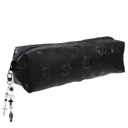 Image of Wasise Gothic Pencil Case - Black Emboss Leather Skull Pencil Case with Detachable Gothic Keychain, Punk Aesthetic Stationery Box, Black stationery Storage Box for Teenagers High Secondary School Boys