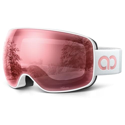 Image of Lamicall Ski Goggles, Skiing Goggles - 【HD Spherical Lens】 Anti-fog Snow Snowboard Goggles with Wide OTG Over Helmet Compatible, UV400 Protection for Men & Women - White Frame - Pink