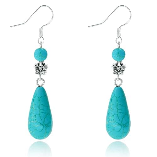Image of GLLBTPT Turquoise Dangle Earrings 925 Sterling Silver for Women Drop Earrings Boho Western Costume Jewelry for Women (water droplet)