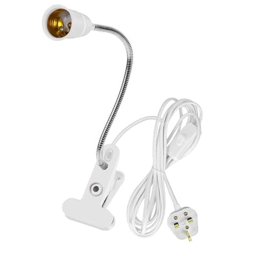 Image of Wasserquelle E27 Clip Desk Lamp Clip on Light Bulb Holder with Switch UK Plug Flexible E27 Light Fitting Base 360° Socket Screw Lamp Holder for Bedside Offices (20CM, White)
