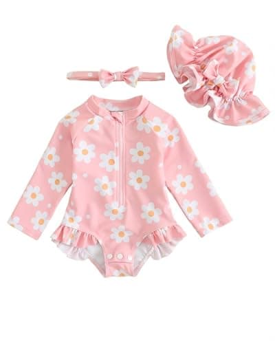 Image of Baby Swimsuit Girl 3-Piece Set 0M-3T, Long Sleeve Toddler Swimming Costume with Hat & Headband, UPF 50+ Infant Rash Vest Front Zipper & Snaps, Pink Flower 12-18 Months
