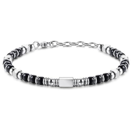 Image of LOLIAS Black Obsidian Bracelet for Women Mens Beaded Bracelet Anxiety Bracelets Stainless Steel Bracelet Friendship Womens Birthday Gifts Jewellery Silver Bracelet 4MM