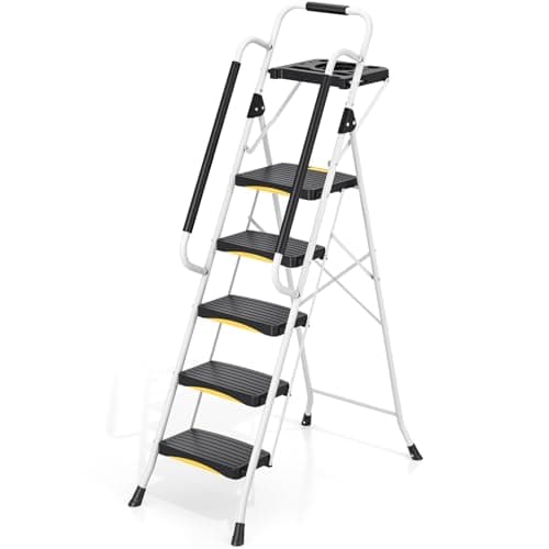 Image of Urackify 5 Step Ladder with Tool Tray, Folding Steel Step Stool with Safety Lock & Handrail, Anti-Slip Wide Pedals, 150 kg Load Capacity, Portable Ladder for Kitchen, Office, Home
