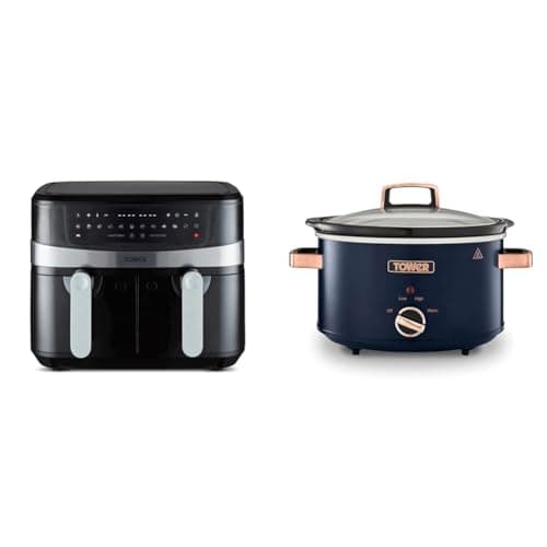 Image of Tower T17088 Vortx 9L Dual Basket Air Fryer with Smart Finish, 2600W, Black & T16042MNB Cavaletto 3.5 Litre Slow Cooker with 3 Heat Settings