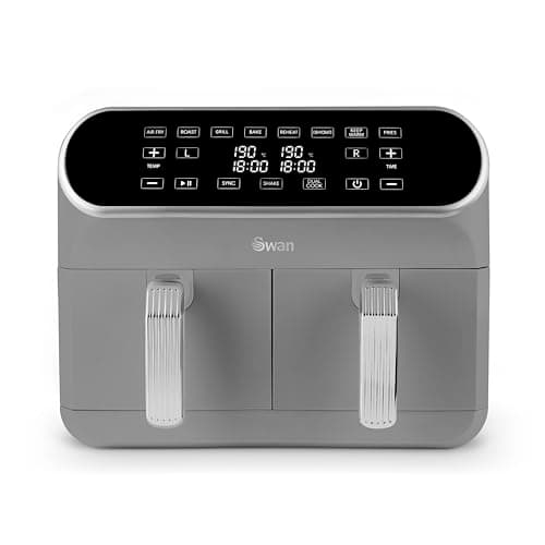 Image of Swan SD10519GR Retro Dual Basket Air Fryer with Swan Cyclone Technology, LED Display, 8 Pre-Set Cooking Options, Adjustable Temperature, 8L, 1700W, Grey