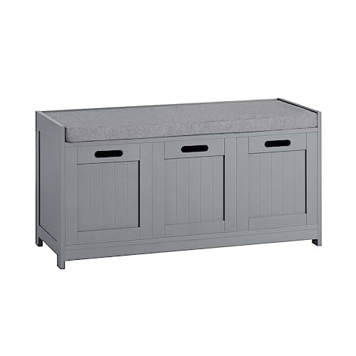 Image of SoBuy Shoe Storage Bench with Seat Cushion, Hallway Storage Bench indoor with drawer and doors - for Living Room, Hall - Wooden, Grey, W90 x D35 x H45cm, FSR80-SG