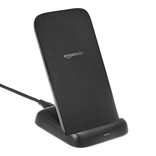 Image of Amazon Basics 10W Qi Certified Wireless Charging Stand, for Phone 16/15/14/13/12/11/X, Samsung, and More, with USB Cable (No AC Adapter), Black
