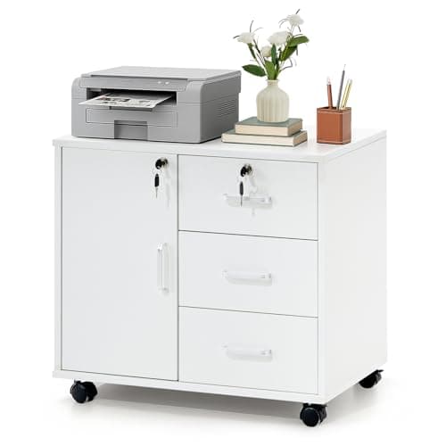 Image of LEMROE Mobile File Cabinet with Lockable Cabinet and 3-Drawer, Office Lateral Filing Cabinet for Documents Printer Stand with Drawers Home Office, White