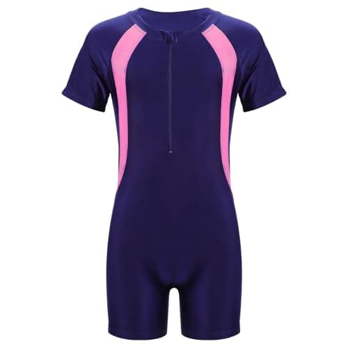 Image of Lancry Swimming Costume for Boys Girls, One-Piece Kids Swimsuit, Short Sleeve Swimming Costume 6-14 Swimsuit Girls (UK, Age, 8 Years, 10 Years, Regular, Navy)
