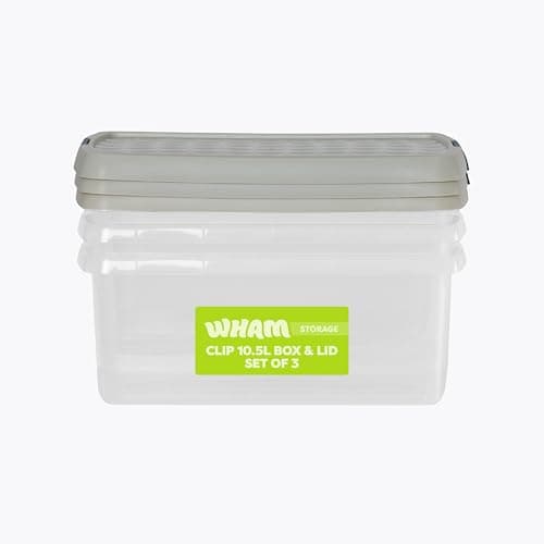 Image of Wham Clip 3 x 10.5L Rectangular Stackable Plastic Storage Boxes with Lids | Ideal for Home, Office, Toys & More | Storage Containers with Clip Locks | Made in UK - Clear/Stone
