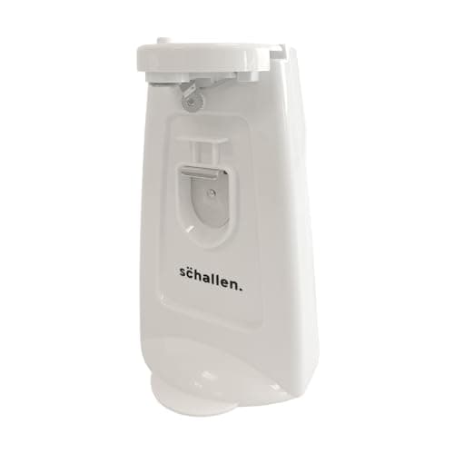 Image of Schallen Electic Can Opener Automatic Can Opening Machine with Built-in Bottle Opener and Knife Sharpener 3 in 1 with Hidden Power Cord Storage | Black, Stainless Steel (White, One Size)