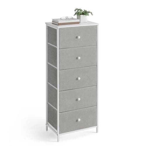 Image of SONGMICS Chest of Drawers Bedroom, Drawer Storage Unit, Dresser with 5 Fabric Drawers, Metal Frame, Tall and Slim, for Closet, Dove Grey and Cream White LTS315G01
