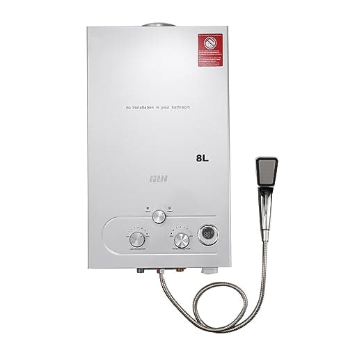 Image of TABODD 8L LPG Propane Gas Water Heater, 2.11GPM Portable Tankless Instant Hot Water Heater Boiler Burner with Stainless Steel Shower Head Kit for Small Homes RV's Sailboats Cabins Camping, Silver
