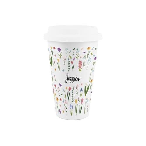 Image of Purely Home Personalised Spring Flowers Ceramic Travel Mug - Custom Wildflower Meadow Reusable Silicone Lid Double-Walled Insulated Hot/Cold Drinks Cup Gift