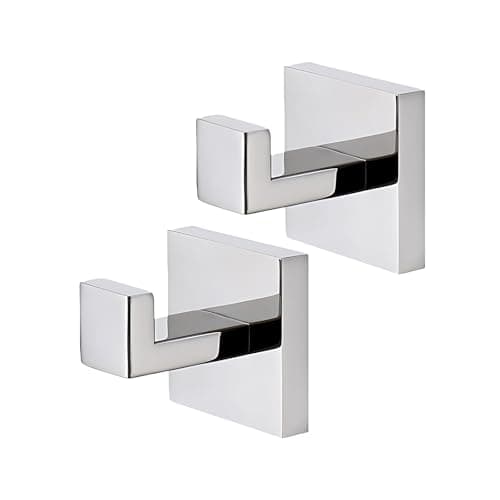 Image of Cazoro Square Towel Hook, 2 Pack Stainless Steel Towel Hooks for Bathrooms, Wall Mounted Door Hook for Robe, Coat, Clothes - Polished Chrome Finish