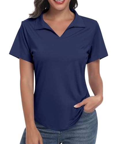 Image of JoyGirl Women's Short Sleeve Golf Polo Shirts UPF 50+ V-Neck T Shirts Lightweight Sports Tennis Shirts Moisture Wicking Gym Tops (Navy Blue,M)