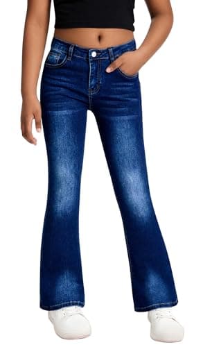 Image of SEAUR Kids Girls Flared Jeans Bell Bottom Pants Teens Denim Trousers Skinny Casual Retro Style 11-12 Years Deep Blue