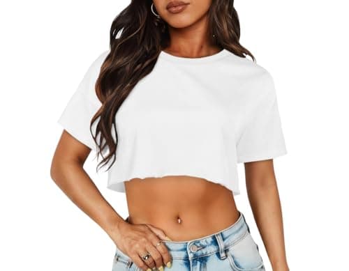 Image of florynova Crop Tops for Women Oversized Cropped Tshirt Summer Short Sleeve Basic Tee Shirts(White,XL)