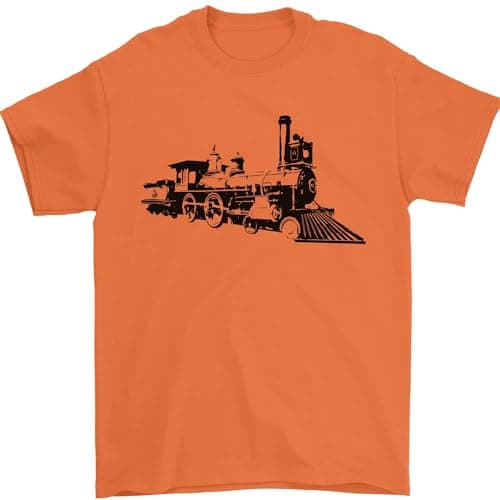 Image of Trains Locomotive Steam Engine Trainspotting Mens T-Shirt 100% Cotton Orange S