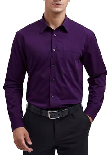 Image of HISDERN Men's Purple Dress Shirt Long Sleeve Regular Fit Business Bamboo Fiber Shirt Casual Wrinkle-Free Shirt with Pocket,2XL
