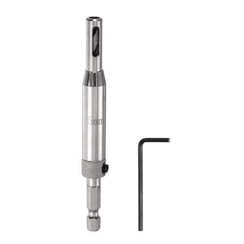 Image of sourcing map Self Centering Drill Bit Set 5mm, 1/4" Hex Shank Drilling Bits for Wood Working, Cabinet Door Hinge Hole Punch Tool Self Center with Hex Keys L-Shaped, Silver