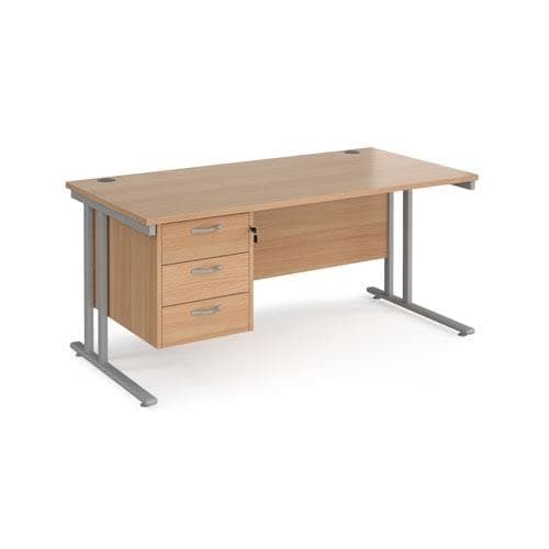 Image of Office Monster Cooper straight desk 1600mm x 800mm with 3 drawer pedestal - silver cantilever leg frame, beech top