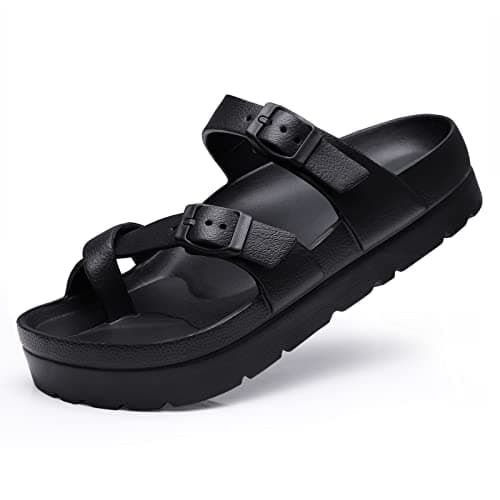 Image of Beslip Women's Platform Sandals with Arch Support Comfortable Foam Slides Lightweight Thick Soles, Adjustable Buckle, Ultra Cushion,Black Women Size 6-6.5