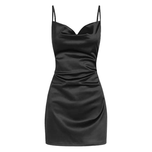Image of Dresses for Women UK Women's Satin Sleeveless Spaghetti Strap Mini Dress Sexy Slip Cowl Neck Silky Dresses 2024 Bodycon Dresses for Women UK (Black, M)