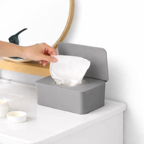 Image of Wet Wipes Dispenser Tissue Box Holder with Lid Dustproof Baby Nappy Wet Tissue Box Cover Toilet Wipes Storage Container Keep Wipes Fresh & Safe Napkin Holder Case for Home, Car or Office Desk (Grey)