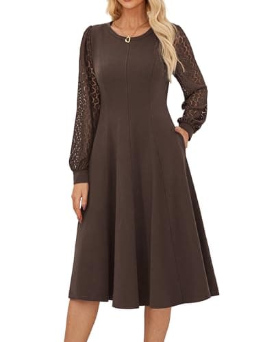 Image of Elegant Women’s Long Sleeve Crew Neck Midi A-Line Dresses Lace Casual Solid Formal Cocktail Dress L Brown